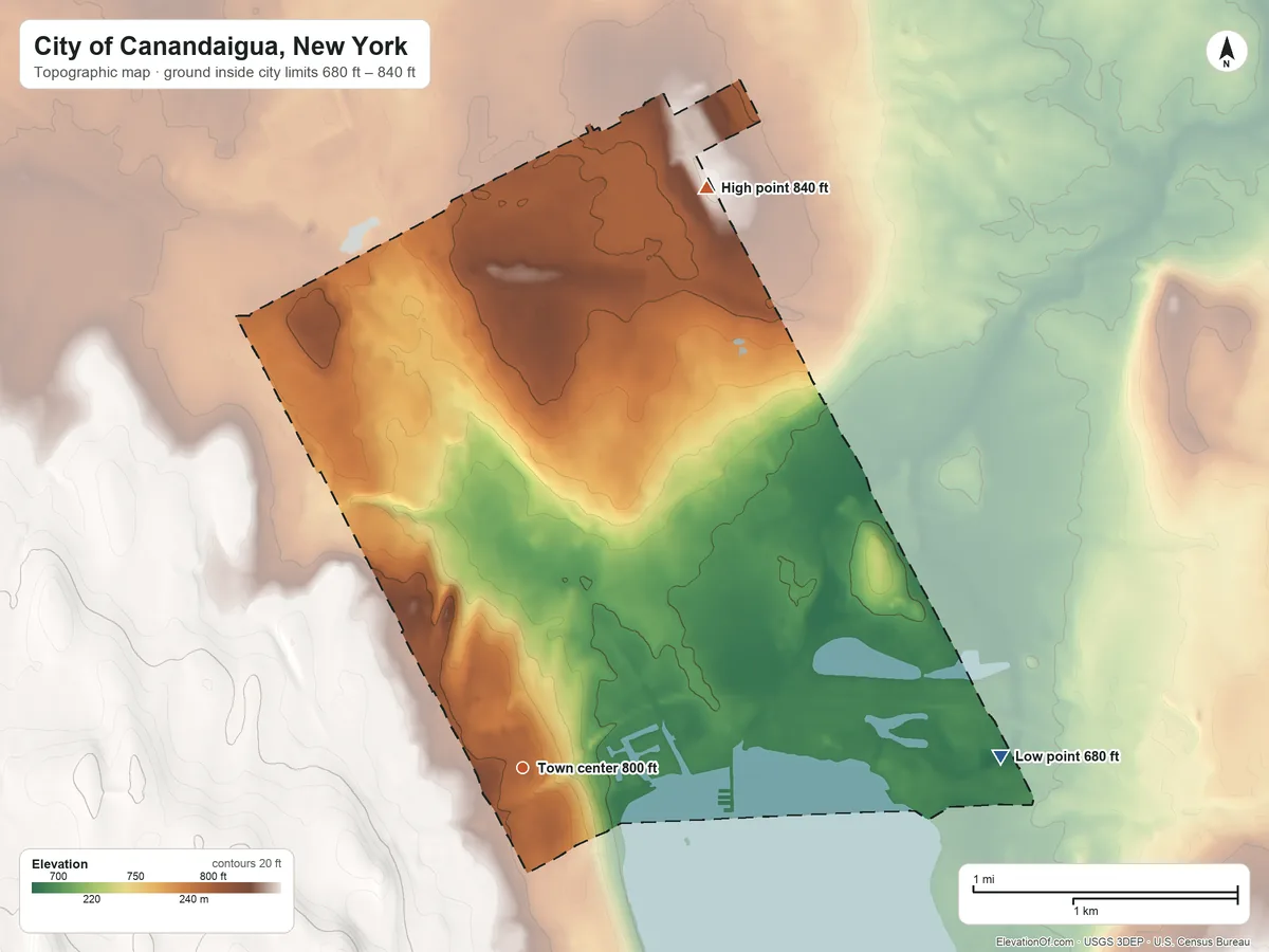 Topographic elevation map of City of Canandaigua, New York, shaded from 680 ft on the east side to 840 ft on the north side