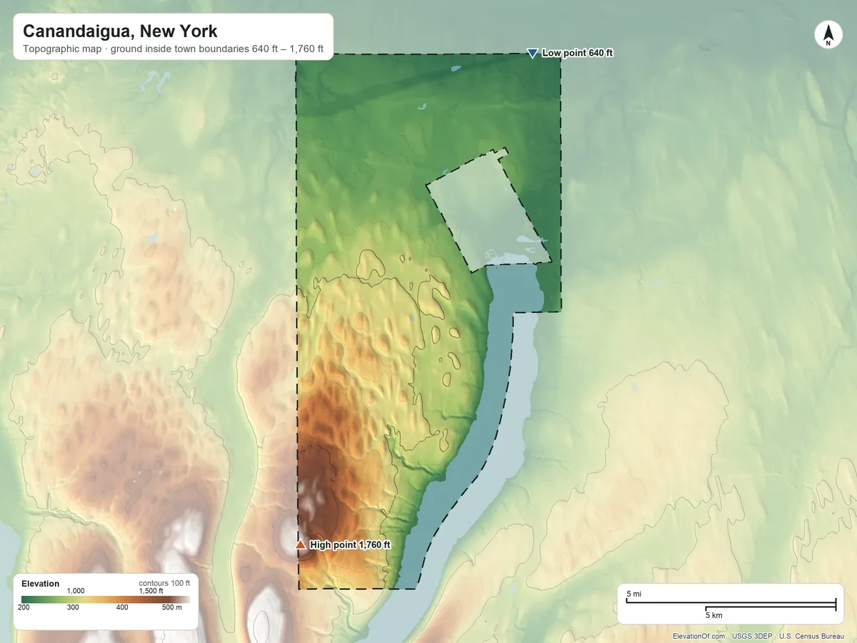 Topographic elevation map of Canandaigua, New York, shaded from 640 ft on the northeast side to 1,760 ft on Johnson Hill