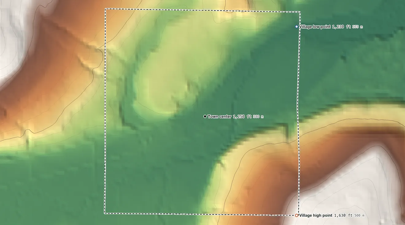 Topographic elevation map of Canaseraga, New York, shaded from 1,230 ft on the northeast side to 1,630 ft on the southeast side