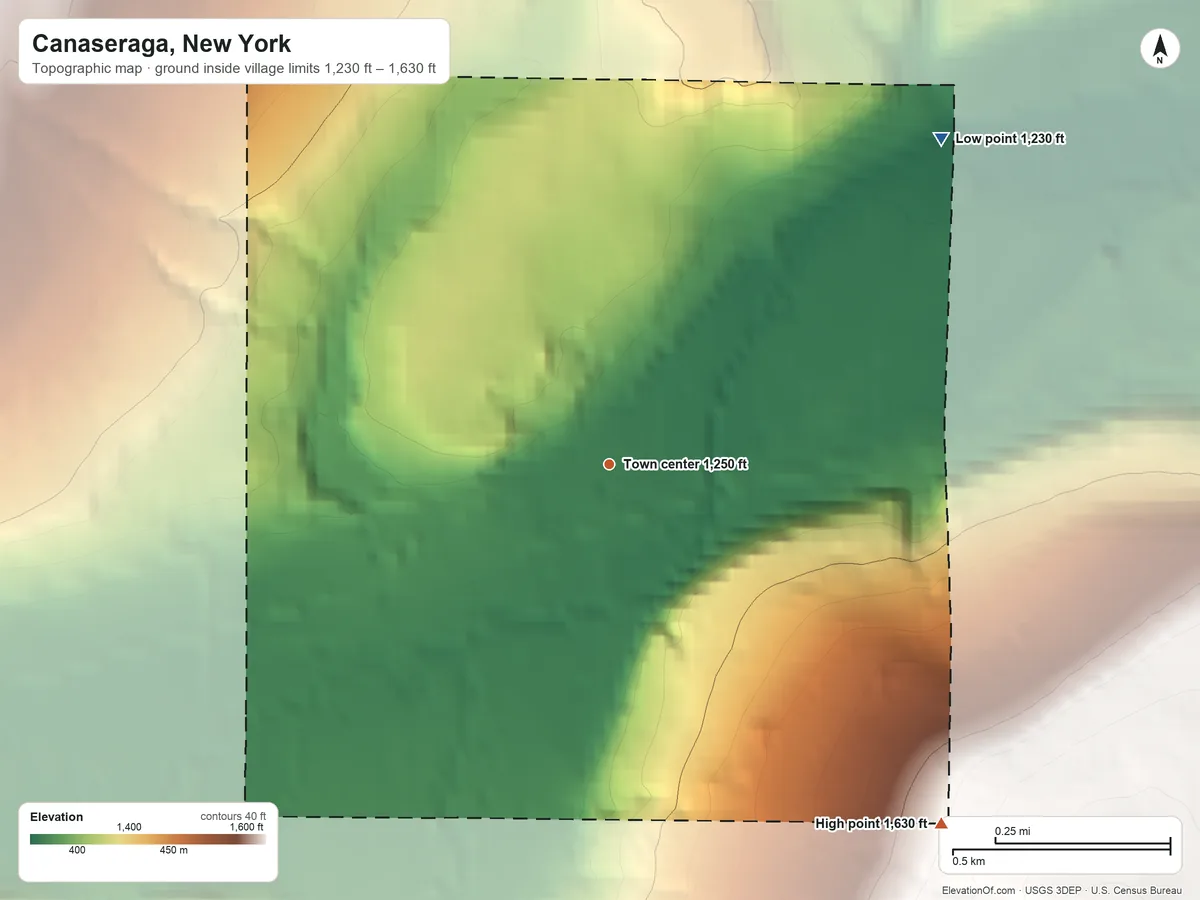 Topographic elevation map of Canaseraga, New York, shaded from 1,230 ft on the northeast side to 1,630 ft on the southeast side