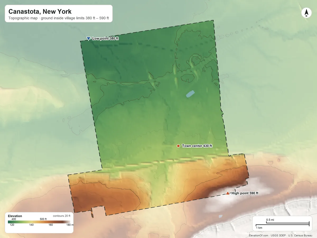 Topographic elevation map of Canastota, New York, shaded from 380 ft on the northwest side to 590 ft on the southeast side
