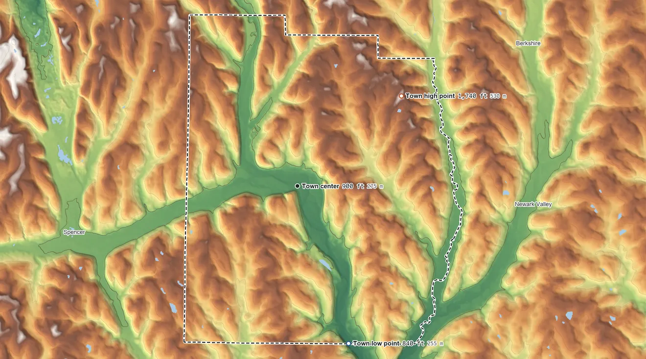 Topographic elevation map of Candor, New York, shaded from 840 ft on the south side to 1,740 ft on the northeast side