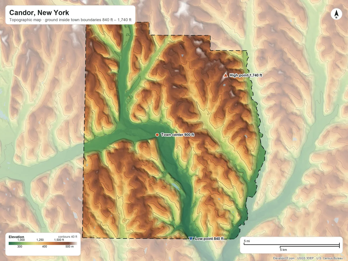 Topographic elevation map of Candor, New York, shaded from 840 ft on the south side to 1,740 ft on the northeast side