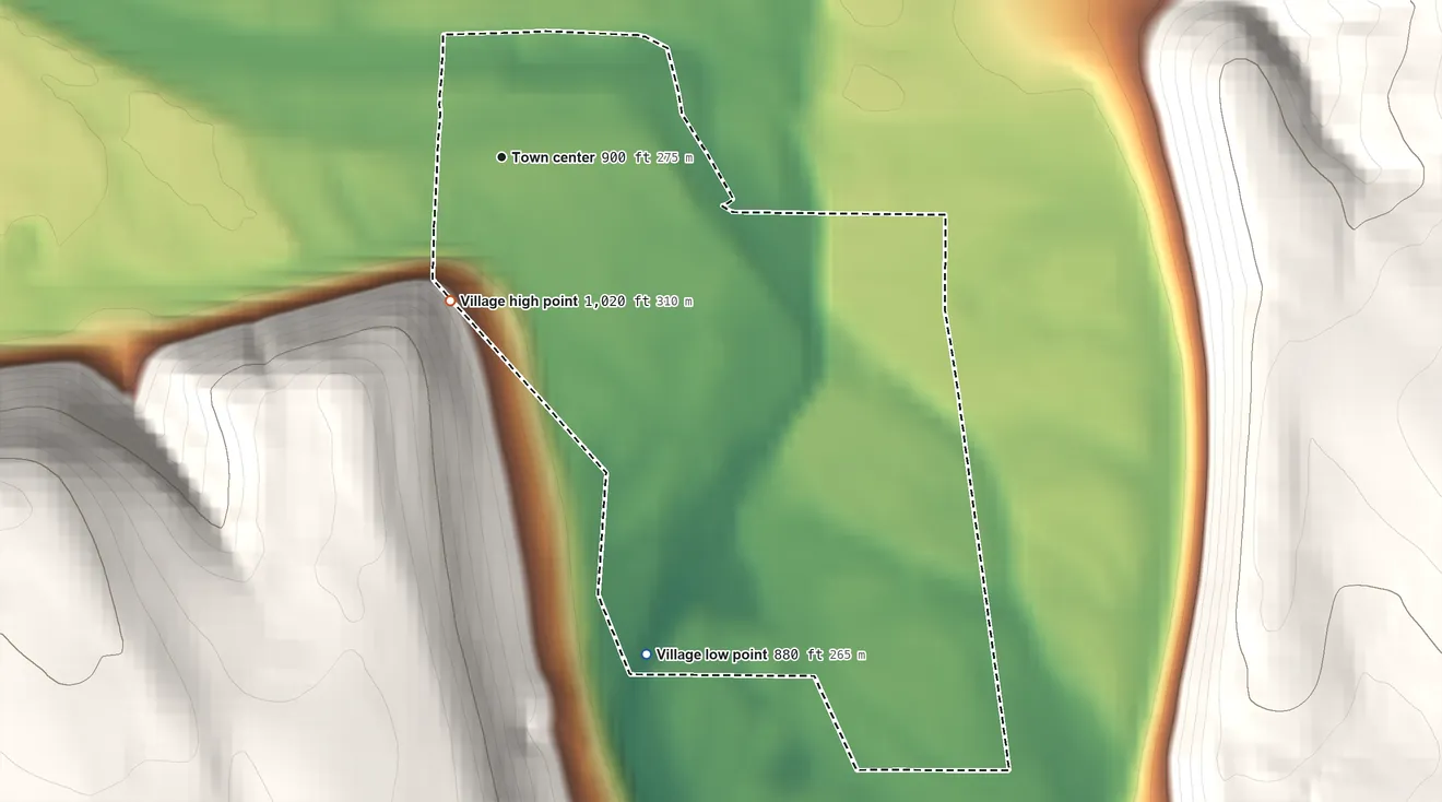Topographic elevation map of Village of Candor, New York, shaded from 880 ft on the south side to 1,020 ft on the south edge, below higher ground just outside