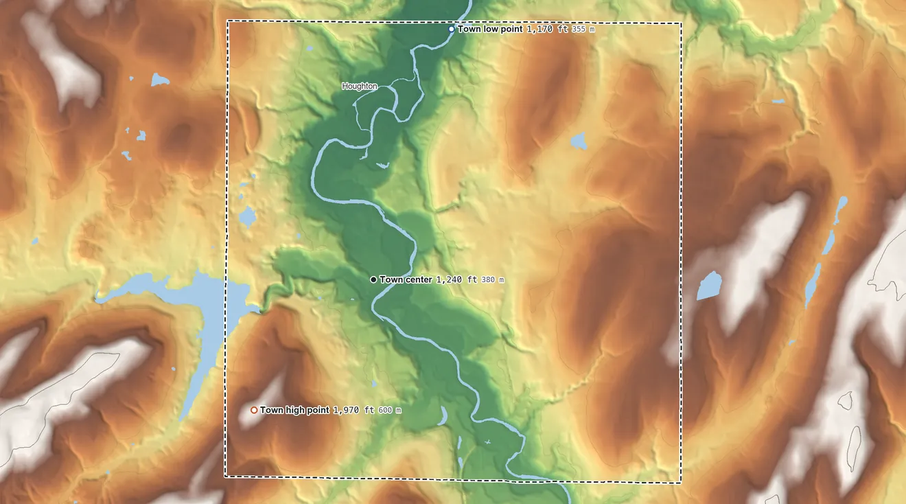 Topographic elevation map of Caneadea, New York, shaded from 1,170 ft on the north side to 1,970 ft on the southwest side