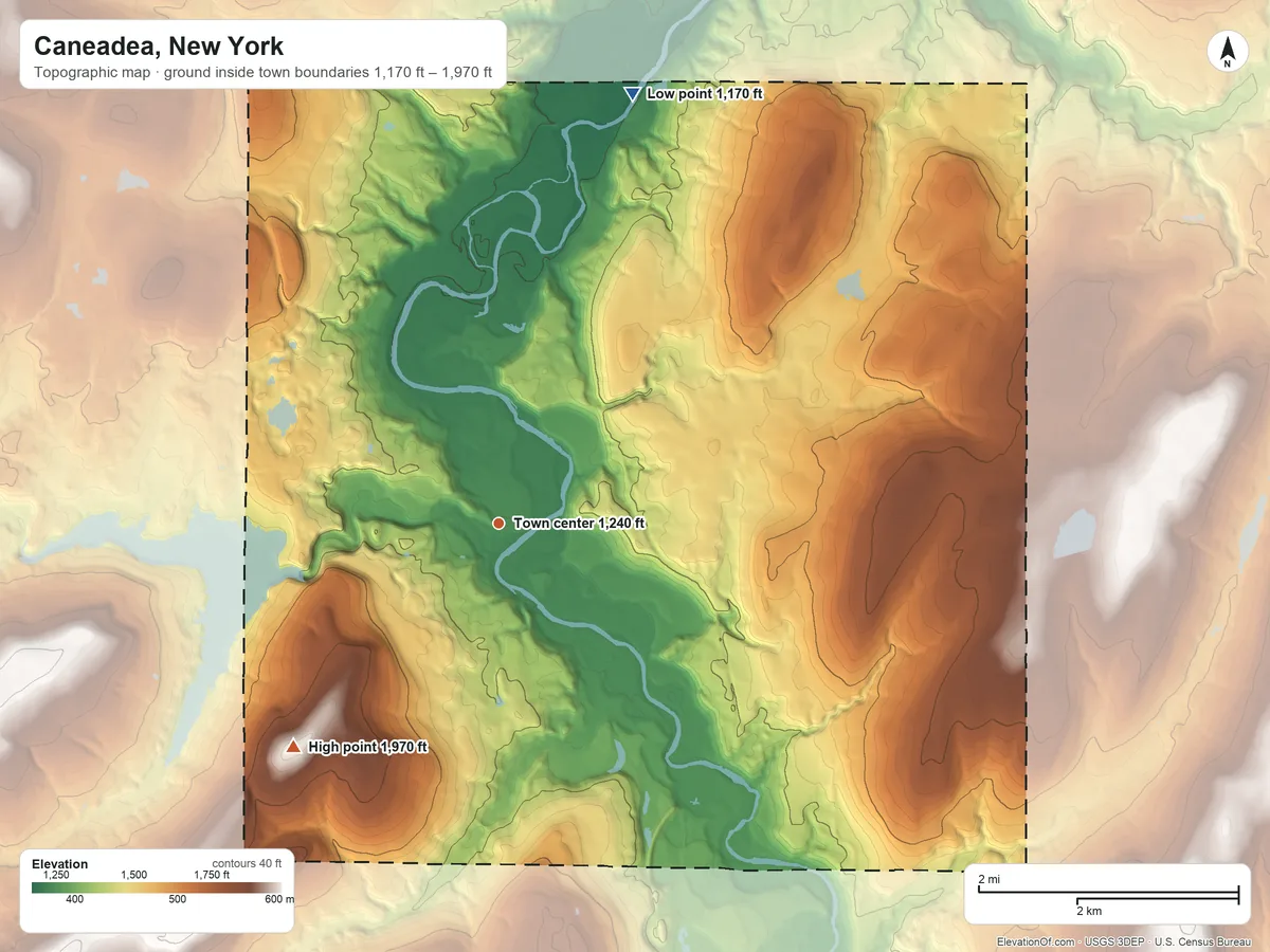 Topographic elevation map of Caneadea, New York, shaded from 1,170 ft on the north side to 1,970 ft on the southwest side