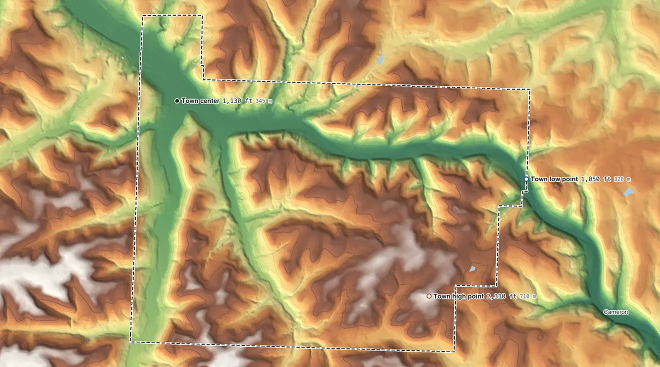 Topographic elevation map of Canisteo, New York, shaded from 1,050 ft on the east side to 2,330 ft on the southeast side