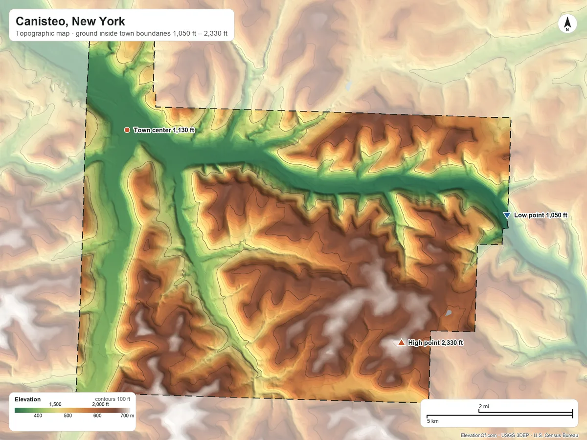 Topographic elevation map of Canisteo, New York, shaded from 1,050 ft on the east side to 2,330 ft on the southeast side