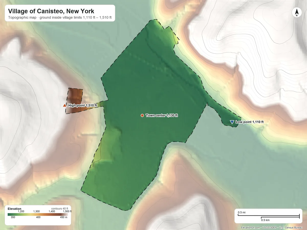 Topographic elevation map of Village of Canisteo, New York, shaded from 1,110 ft on the east side to 1,510 ft on the west edge, below higher ground just outside