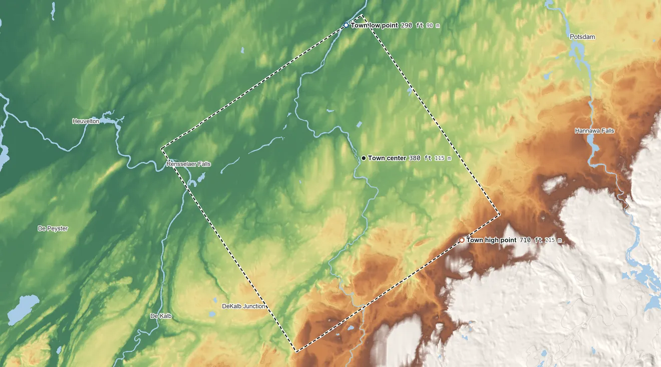 Topographic elevation map of Canton, New York, shaded from 290 ft on the north side to 710 ft on the southeast side
