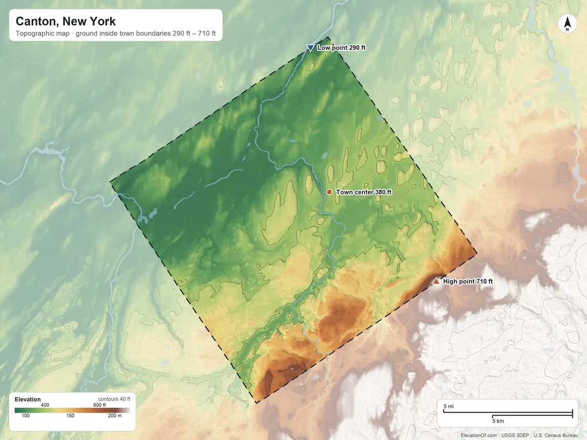 Topographic elevation map of Canton, New York, shaded from 290 ft on the north side to 710 ft on the southeast side