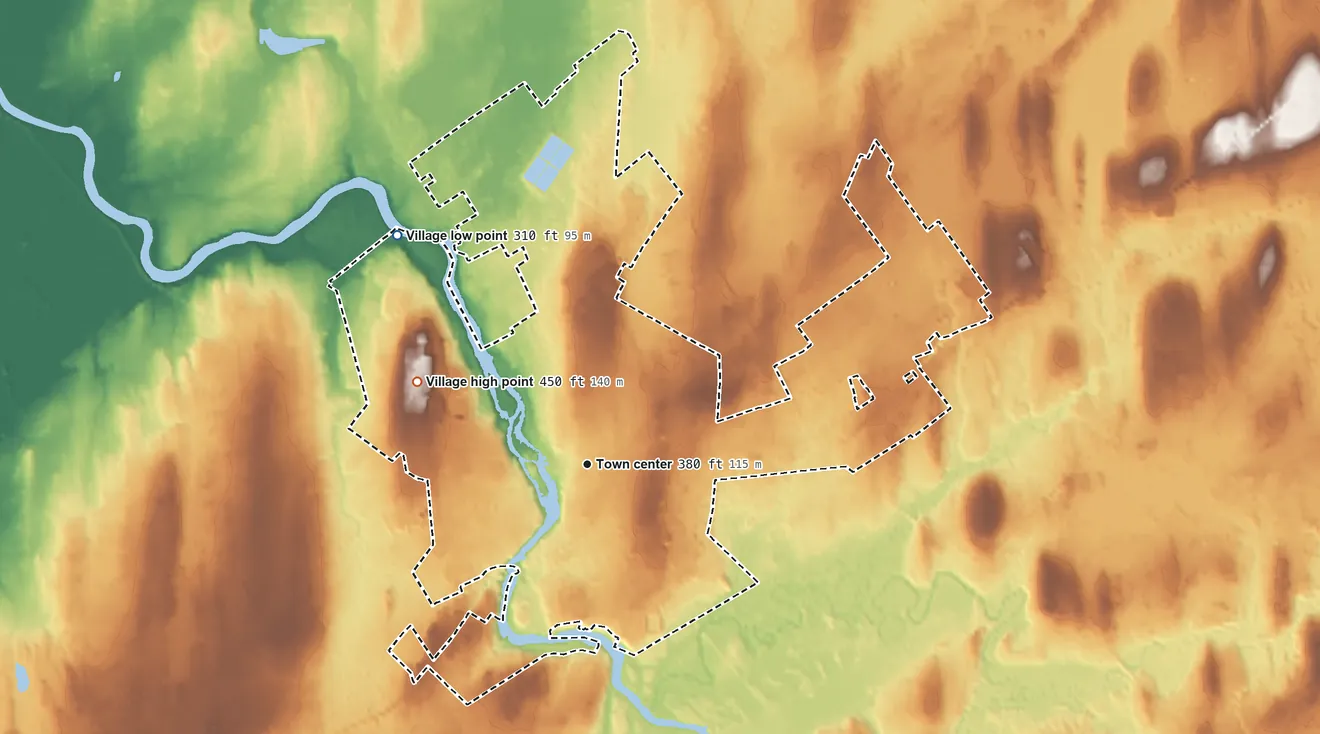 Topographic elevation map of Village of Canton, New York, shaded from 310 ft on the northwest side to 450 ft on the northwest side