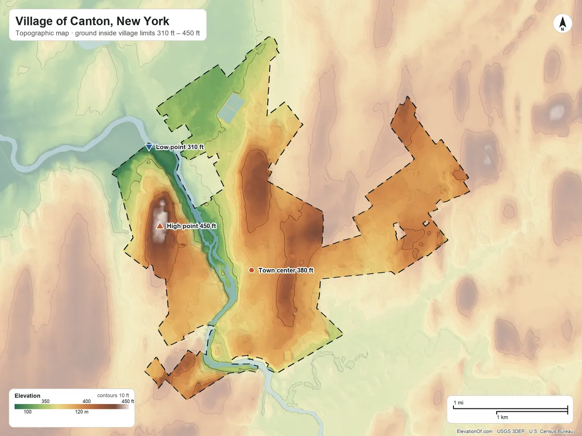 Topographic elevation map of Village of Canton, New York, shaded from 310 ft on the northwest side to 450 ft on the northwest side