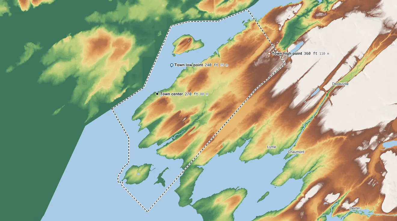 Topographic elevation map of Cape Vincent, New York, shaded from 240 ft on the northeast side to 360 ft on the east side