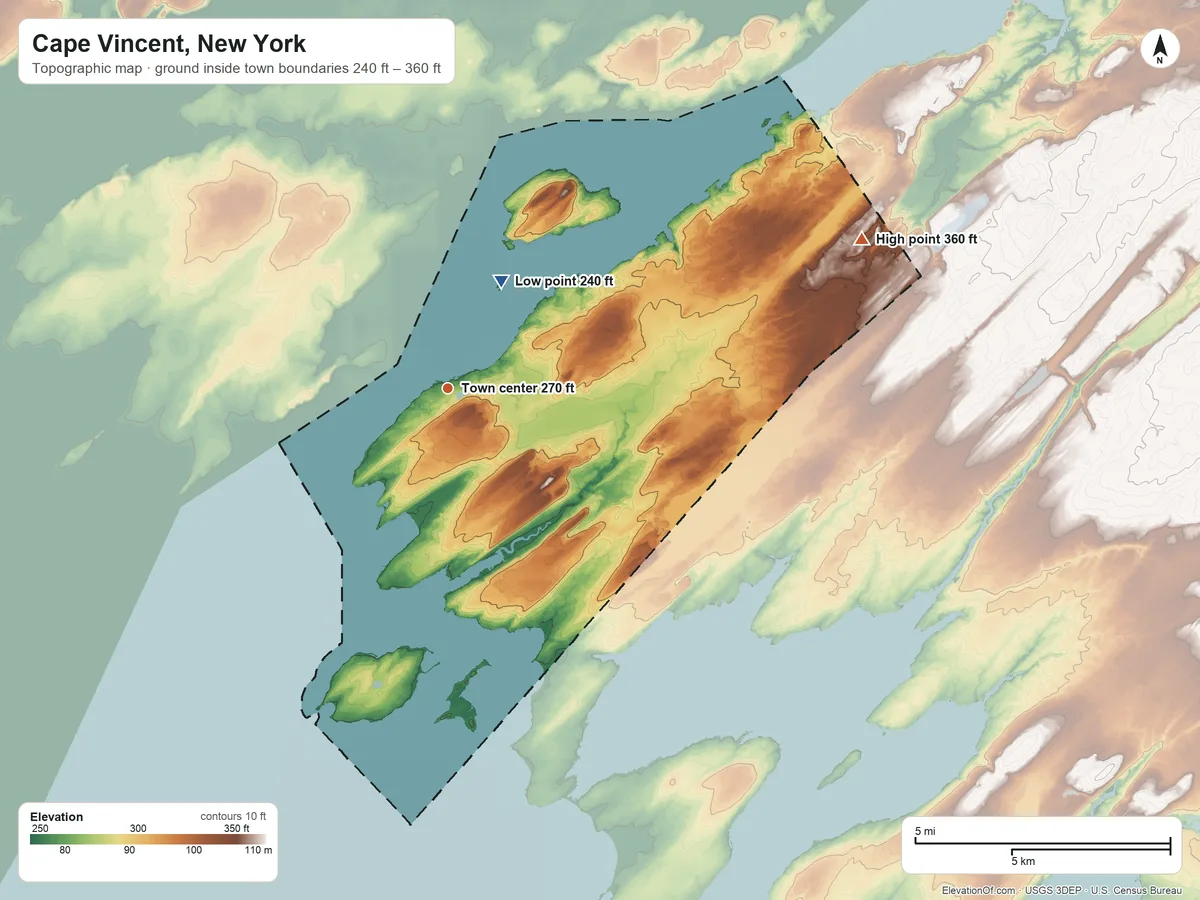 Topographic elevation map of Cape Vincent, New York, shaded from 240 ft on the northeast side to 360 ft on the east side