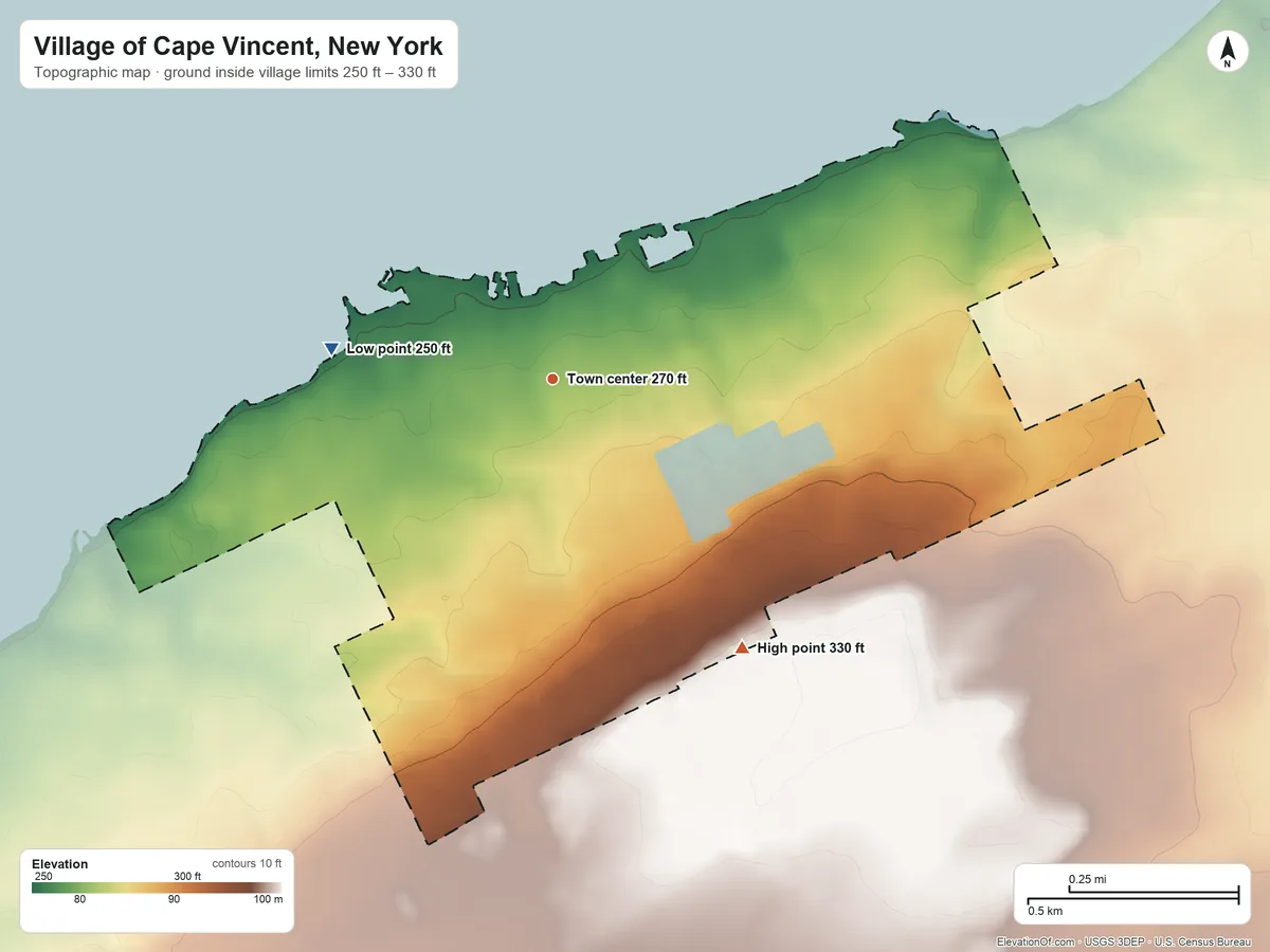Topographic elevation map of Village of Cape Vincent, New York, shaded from 250 ft on the west side to 330 ft on the southeast side