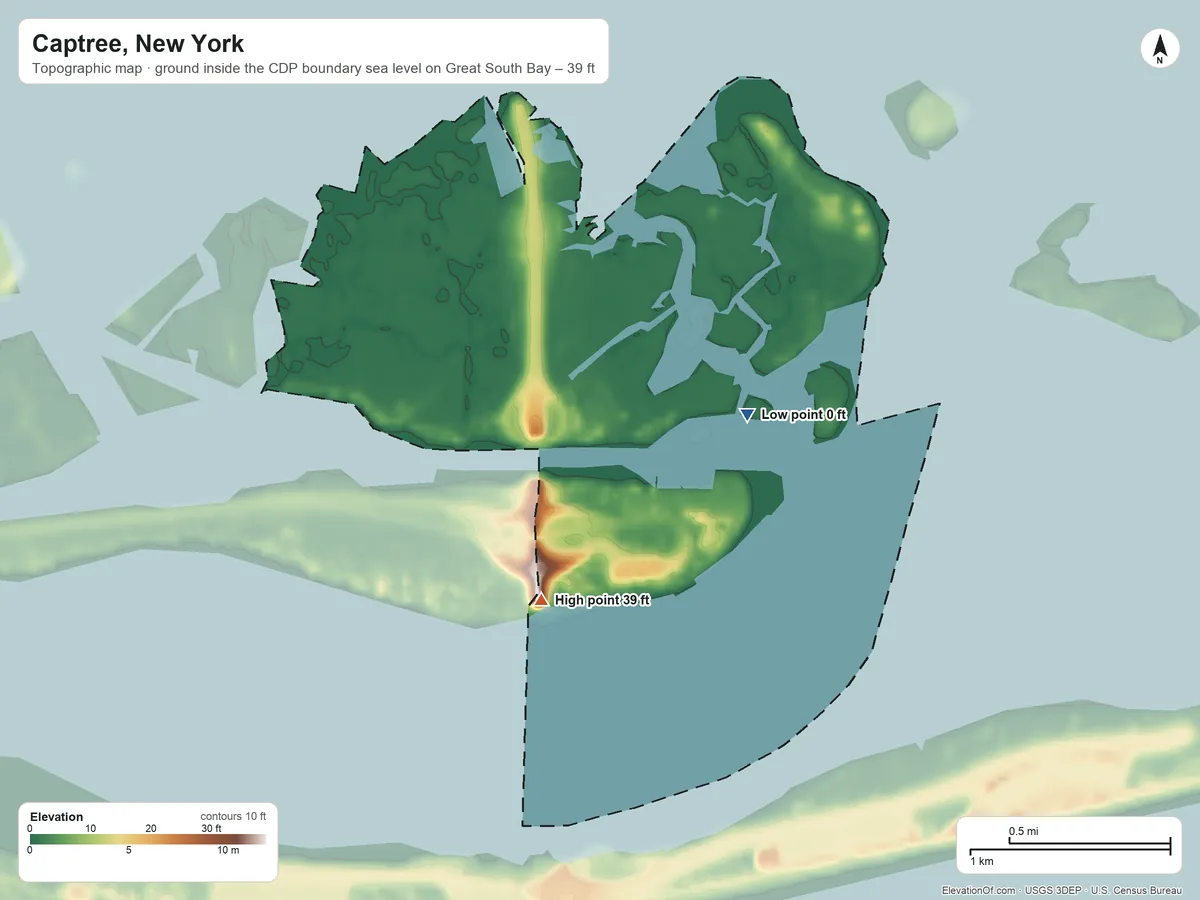 Topographic elevation map of Captree, New York, shaded from sea level level on Great South Bay to 39 ft on the southeast side
