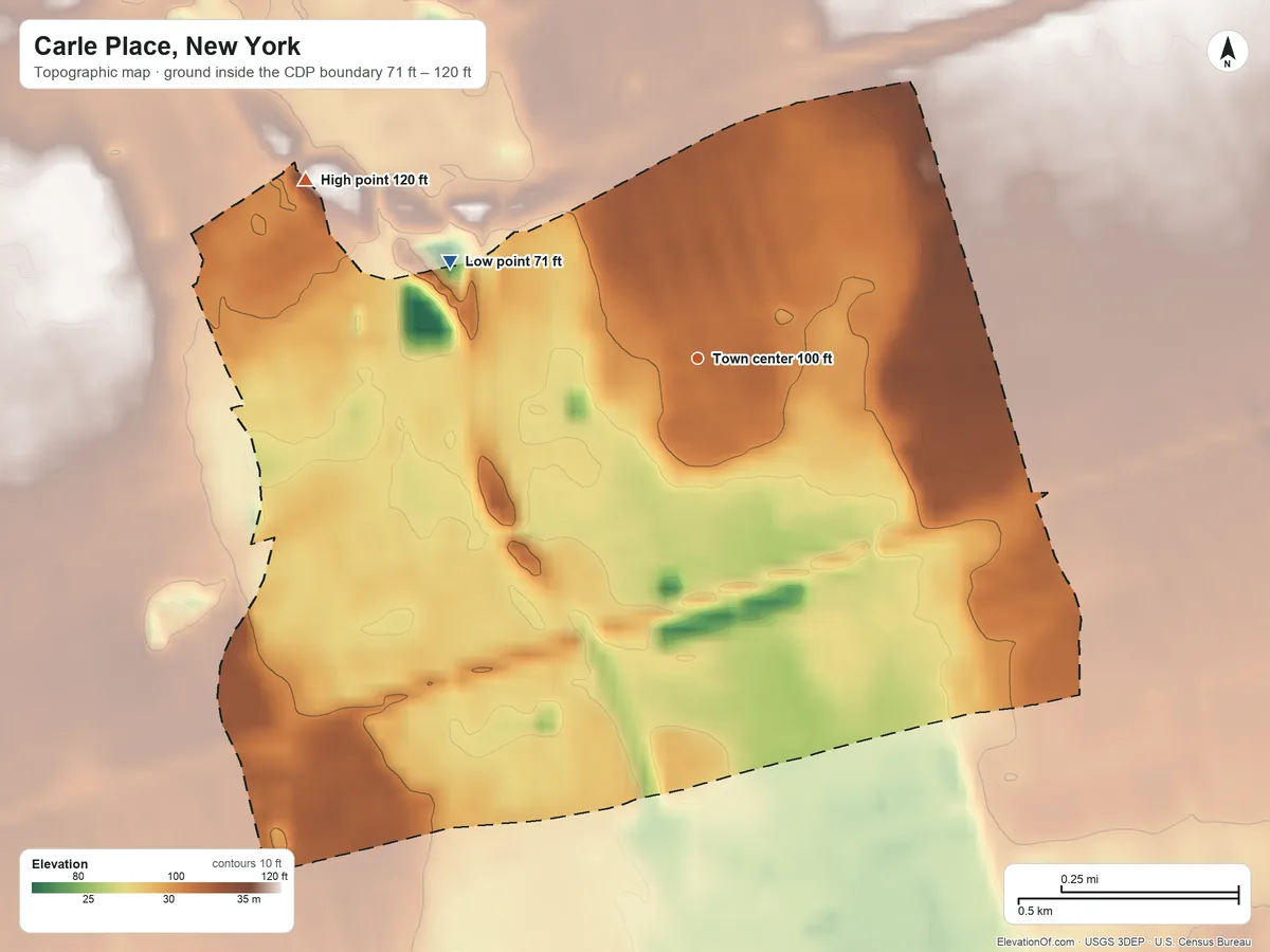 Topographic elevation map of Carle Place, New York, shaded from 71 ft on the west side to 120 ft on the northwest side