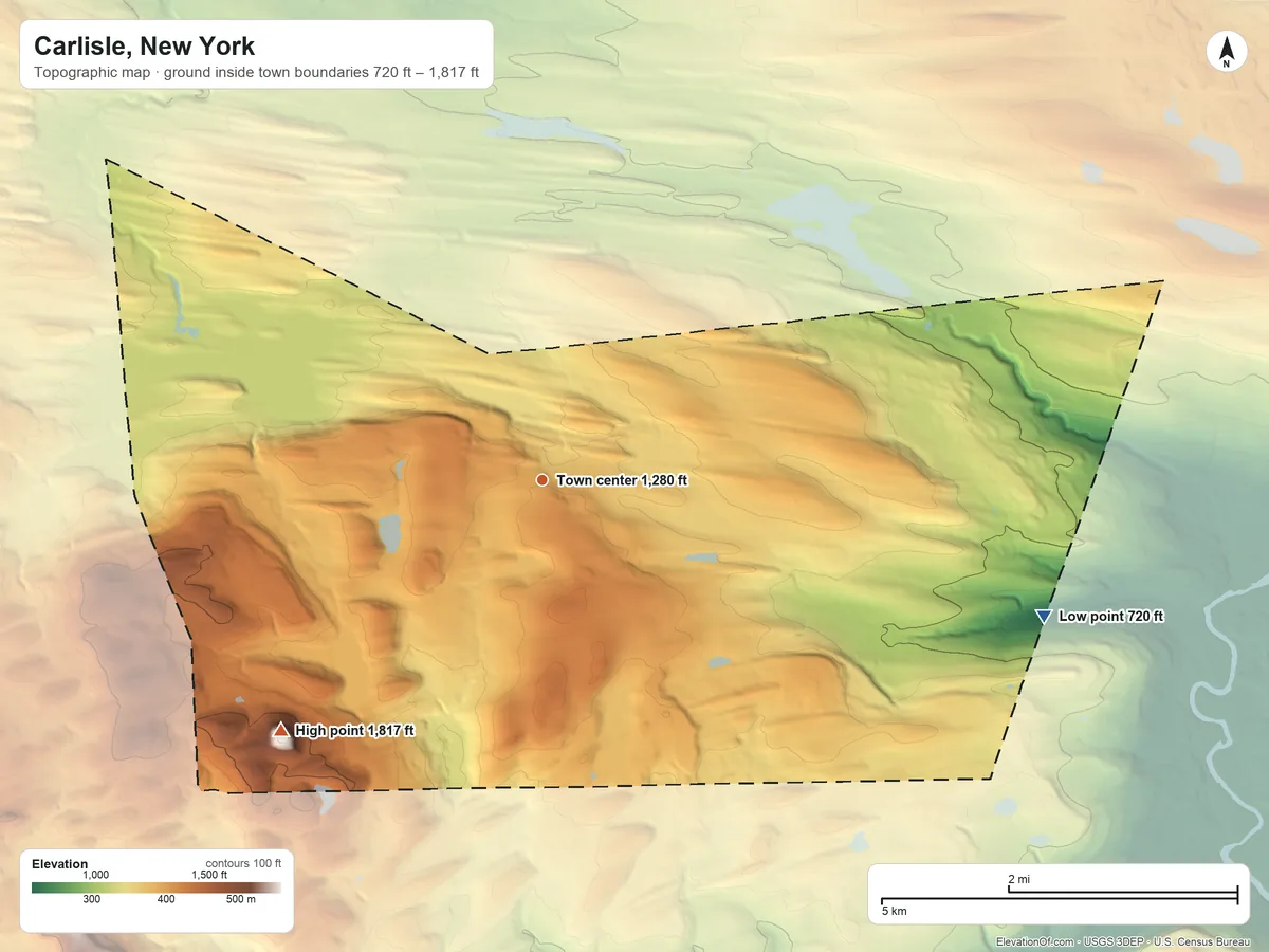 Topographic elevation map of Carlisle, New York, shaded from 720 ft on the east side to 1,817 ft on Barrack Zourie