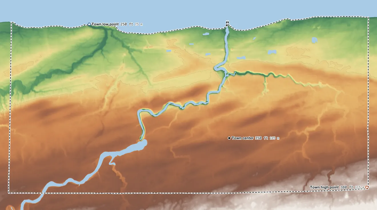 Topographic elevation map of Carlton, New York, shaded from 250 ft on the northwest side to 380 ft on the east side