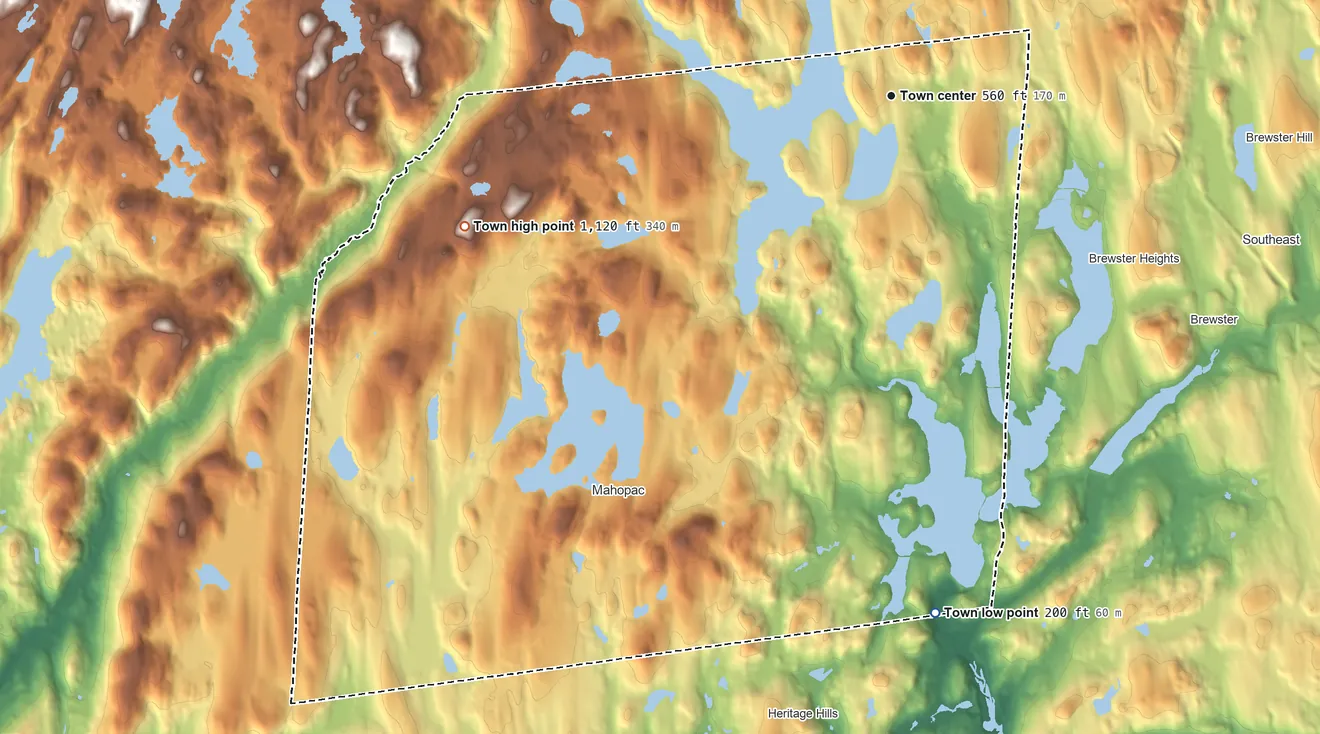 Topographic elevation map of Carmel, New York, shaded from 200 ft on the south side to 1,120 ft on the west side