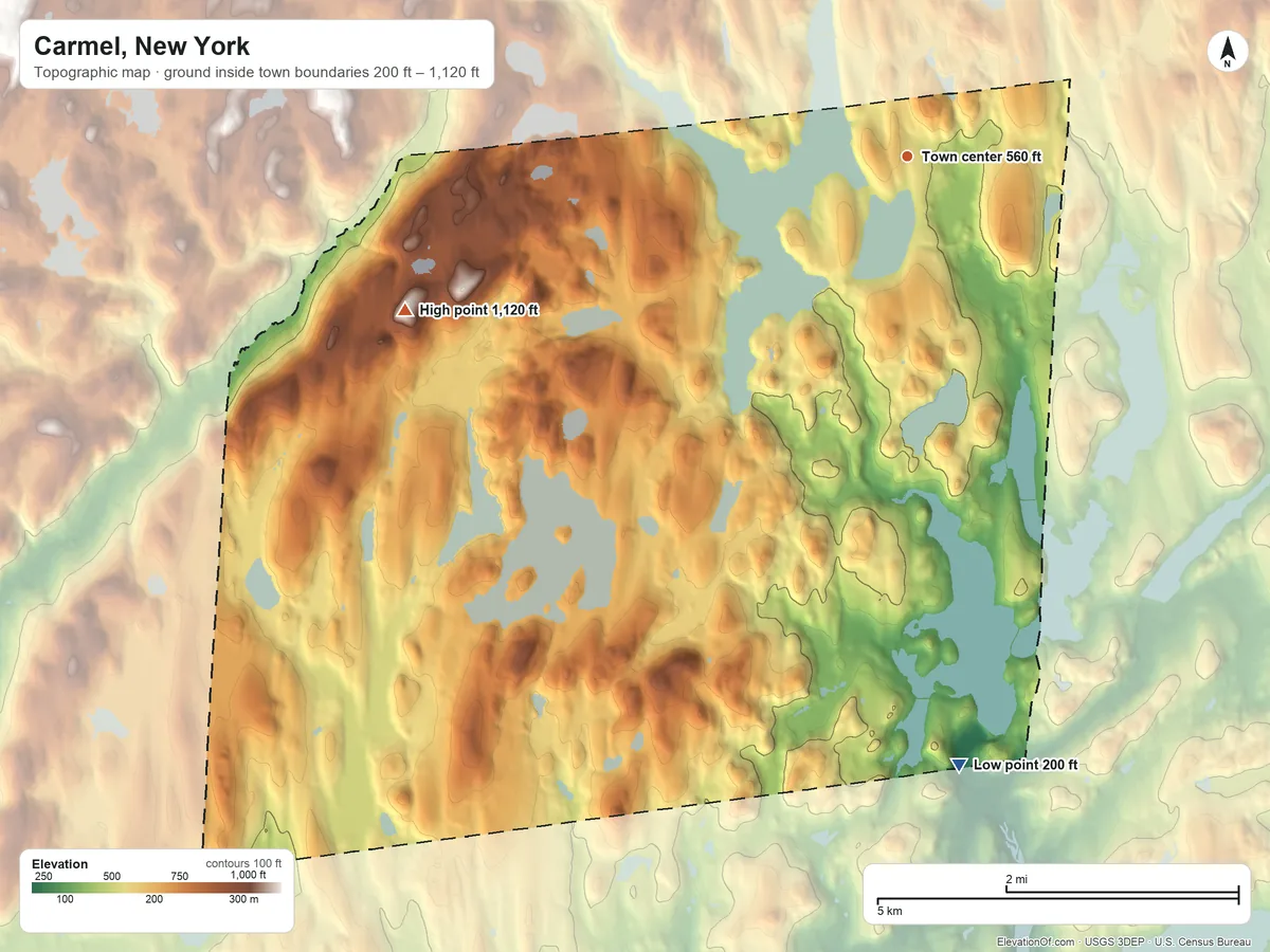 Topographic elevation map of Carmel, New York, shaded from 200 ft on the south side to 1,120 ft on the west side