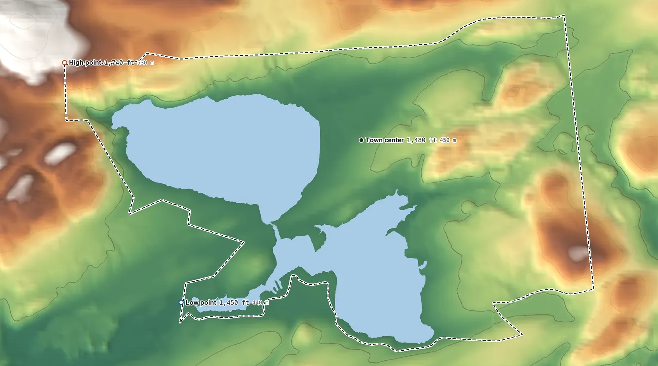 Topographic elevation map of Caroga Lake, New York, shaded from 1,450 ft on the southwest side to 1,740 ft on the west edge, below higher ground just outside