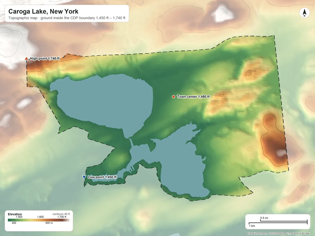 Topographic elevation map of Caroga Lake, New York, shaded from 1,450 ft on the southwest side to 1,740 ft on the west edge, below higher ground just outside