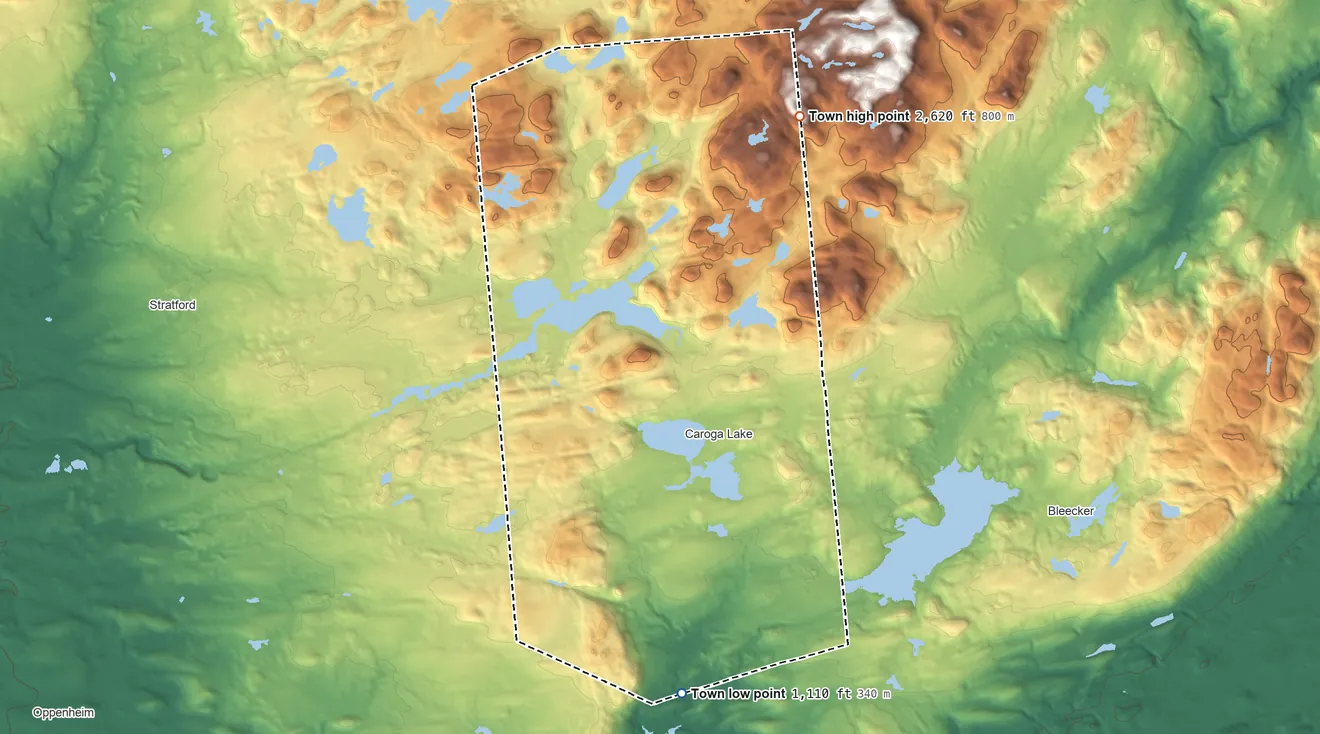 Topographic elevation map of Caroga, New York, shaded from 1,110 ft on the south side to 2,620 ft on the north side