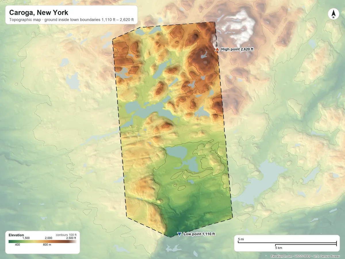Topographic elevation map of Caroga, New York, shaded from 1,110 ft on the south side to 2,620 ft on the north side