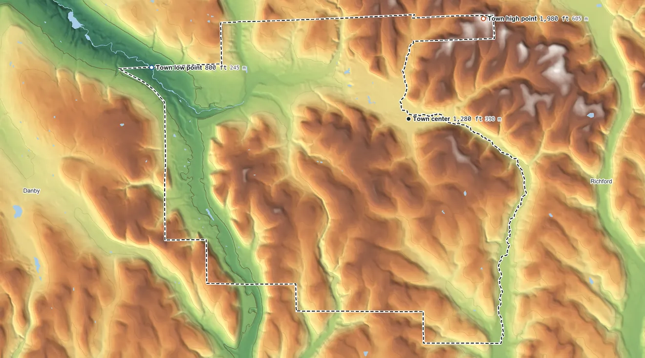 Topographic elevation map of Caroline, New York, shaded from 800 ft on the west side to 1,980 ft on the northeast side