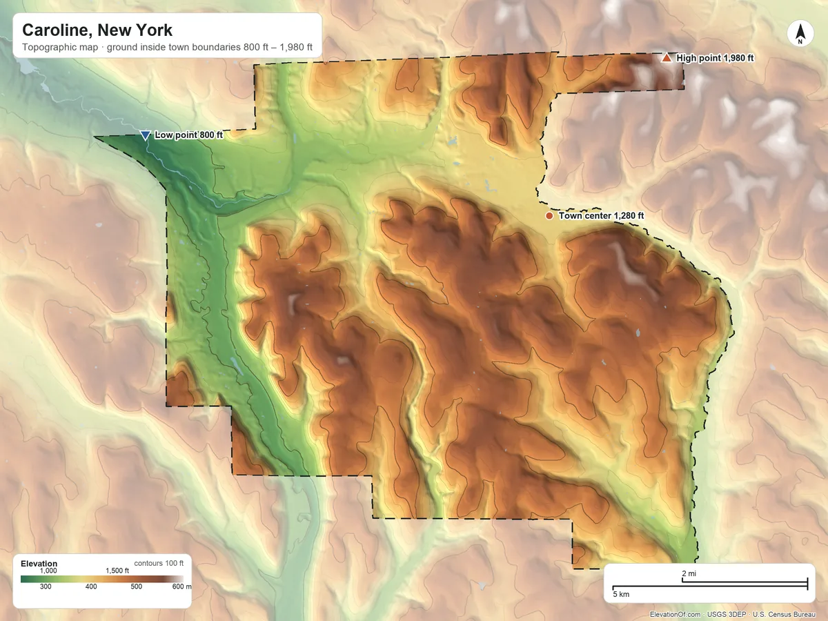 Topographic elevation map of Caroline, New York, shaded from 800 ft on the west side to 1,980 ft on the northeast side