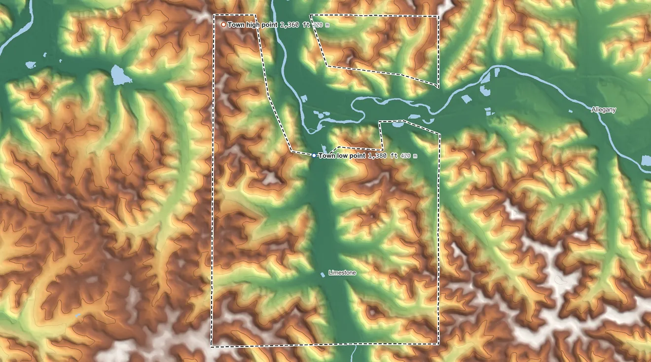 Topographic elevation map of Carrollton, New York, shaded from 1,380 ft on the northwest side to 2,360 ft on the northwest side