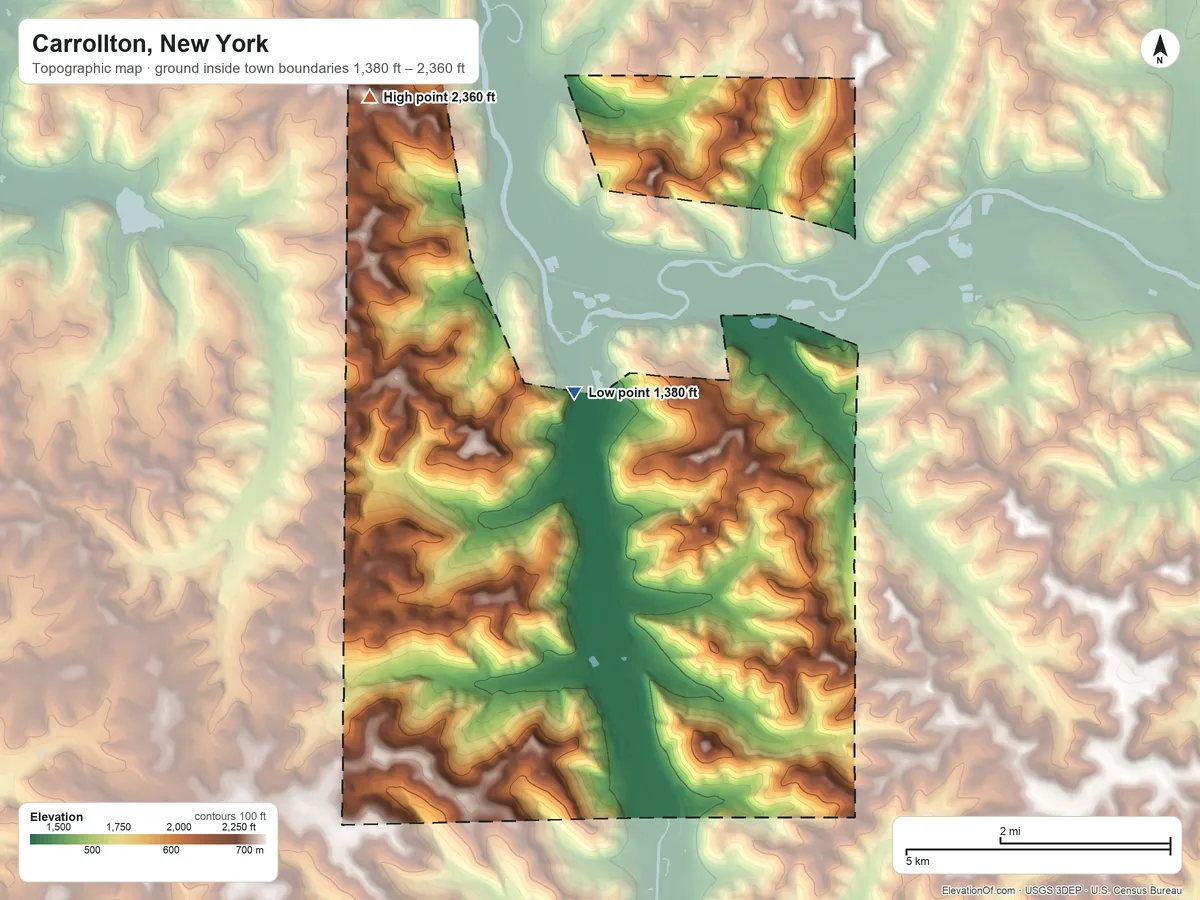 Topographic elevation map of Carrollton, New York, shaded from 1,380 ft on the northwest side to 2,360 ft on the northwest side