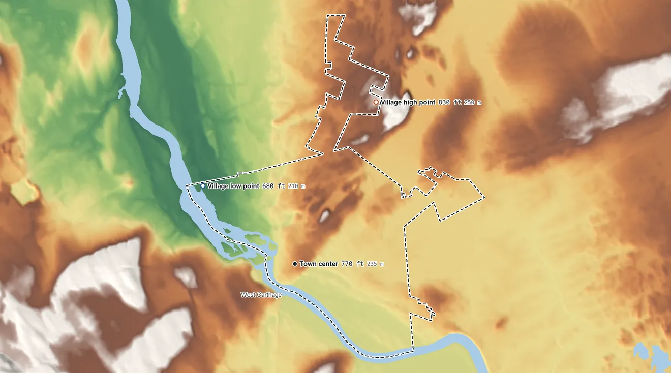 Topographic elevation map of Carthage, New York, shaded from 680 ft on the northwest side to 830 ft on the northeast side