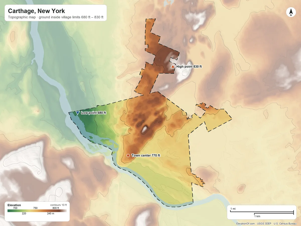 Topographic elevation map of Carthage, New York, shaded from 680 ft on the northwest side to 830 ft on the northeast side