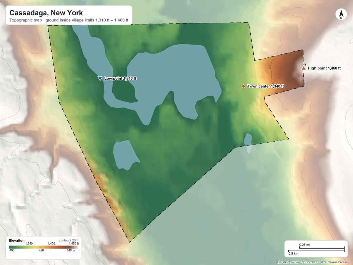 Topographic elevation map of Cassadaga, New York, shaded from 1,310 ft on the west side to 1,460 ft on the east side