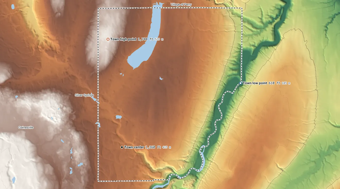 Topographic elevation map of Castile, New York, shaded from 610 ft on the northeast side to 1,700 ft on Oak Hill