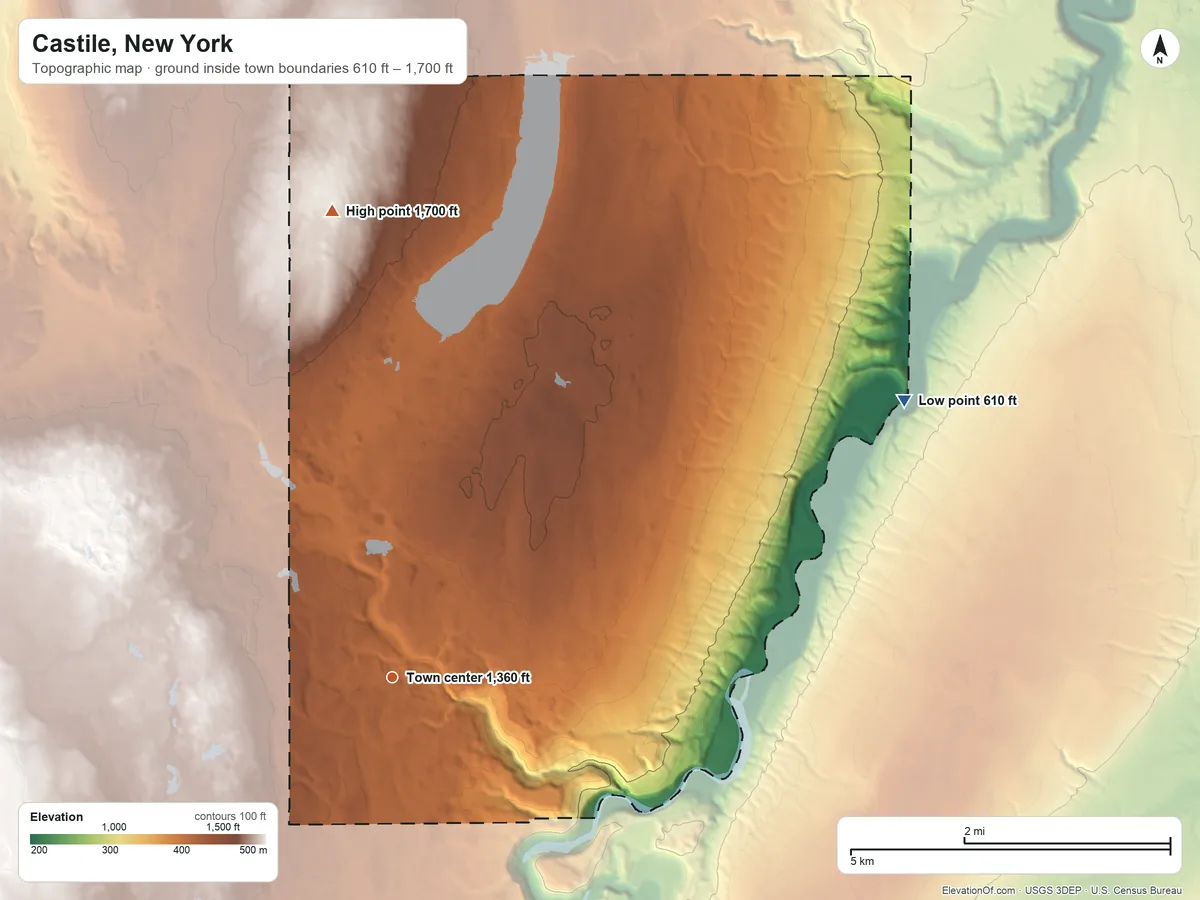 Topographic elevation map of Castile, New York, shaded from 610 ft on the northeast side to 1,700 ft on Oak Hill