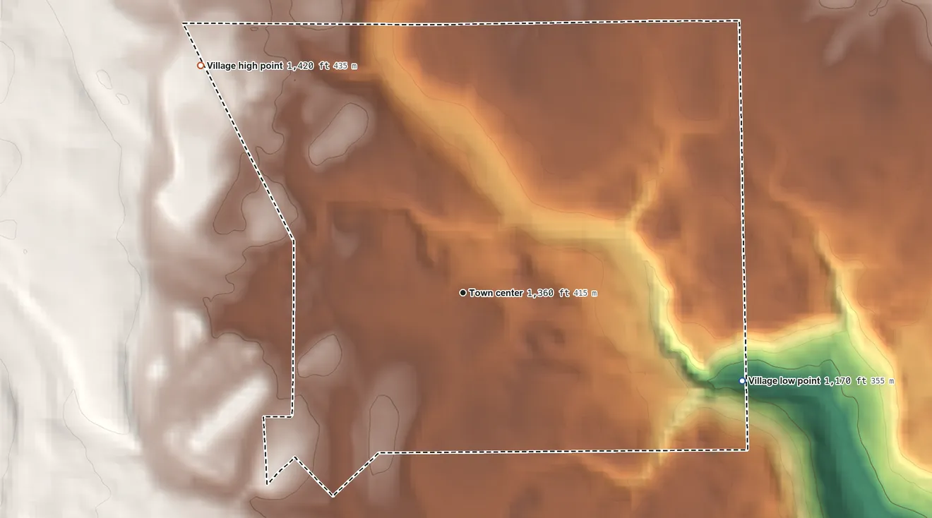 Topographic elevation map of Village of Castile, New York, shaded from 1,170 ft on the east side to 1,420 ft on the northwest side