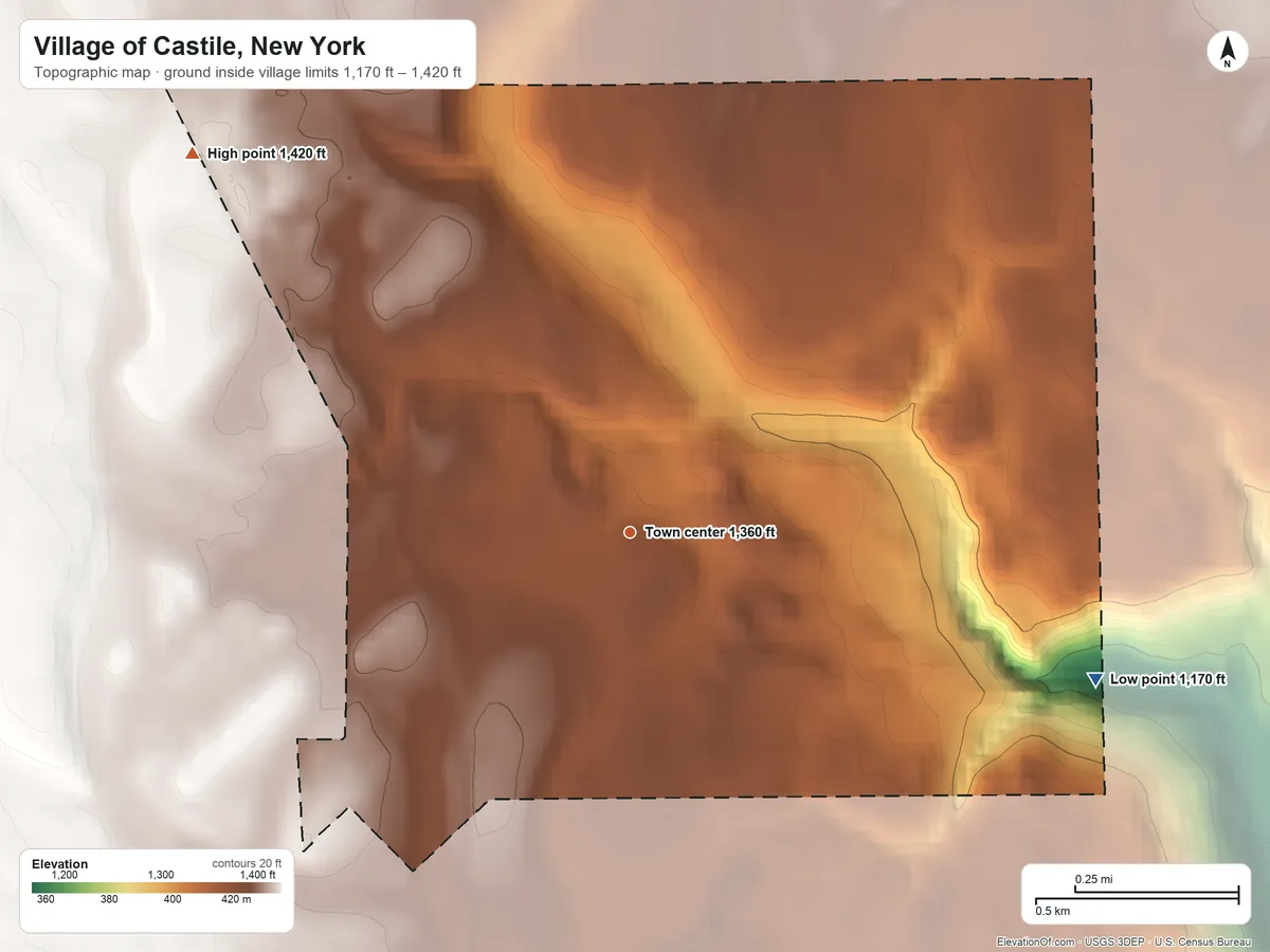 Topographic elevation map of Village of Castile, New York, shaded from 1,170 ft on the east side to 1,420 ft on the northwest side