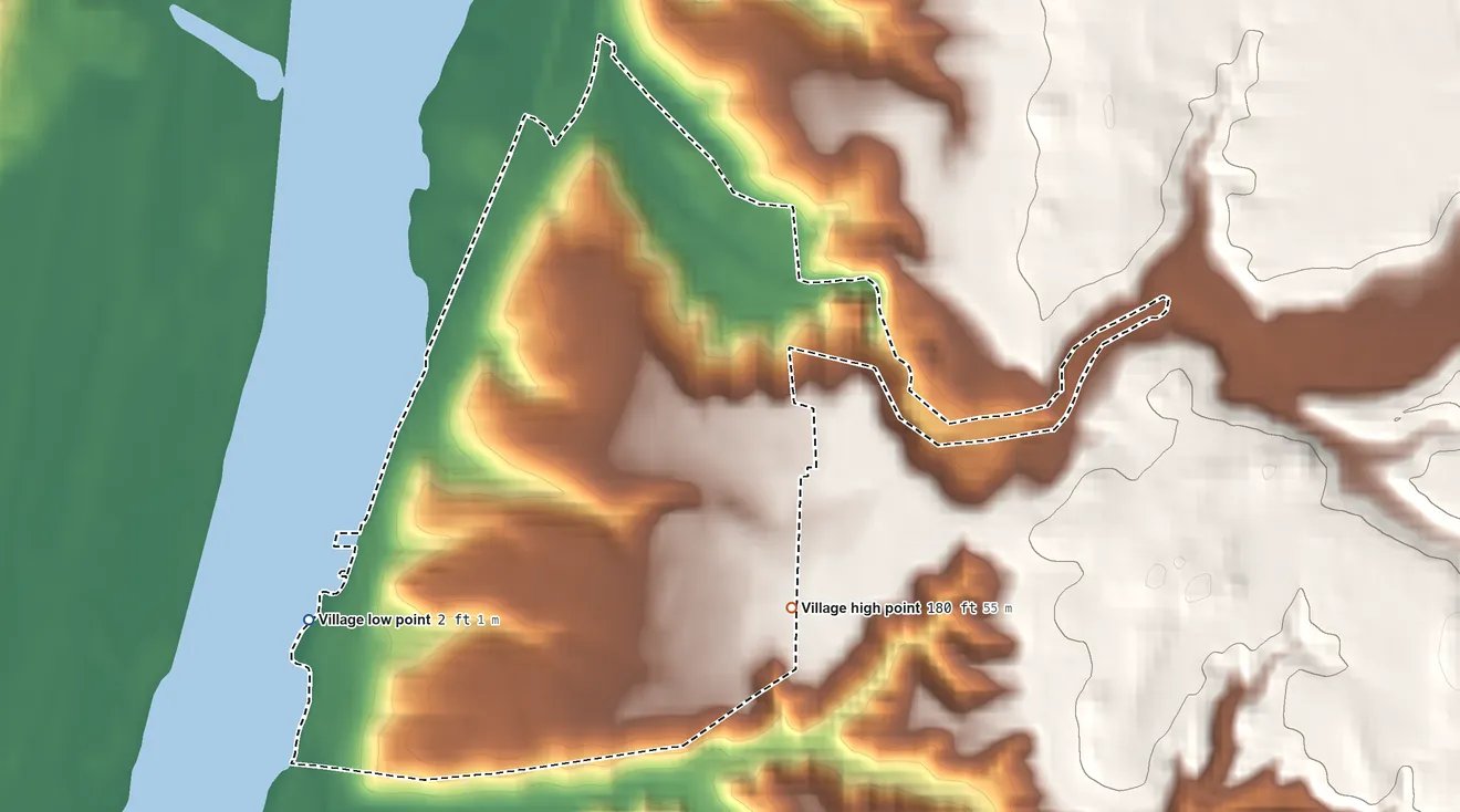 Topographic elevation map of Castleton-on-Hudson, New York, shaded from 2 ft on the southwest side to 180 ft on the southeast side