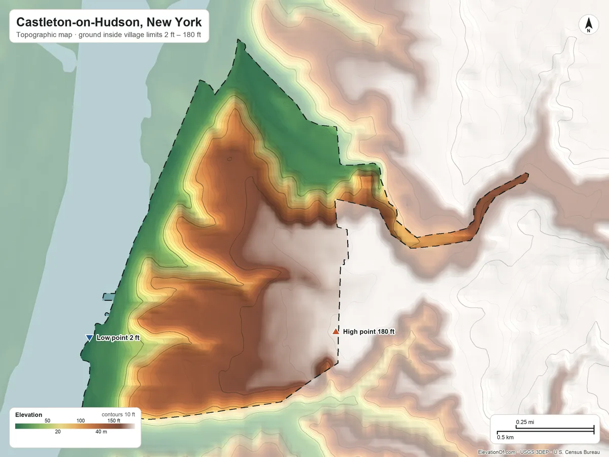Topographic elevation map of Castleton-on-Hudson, New York, shaded from 2 ft on the southwest side to 180 ft on the southeast side