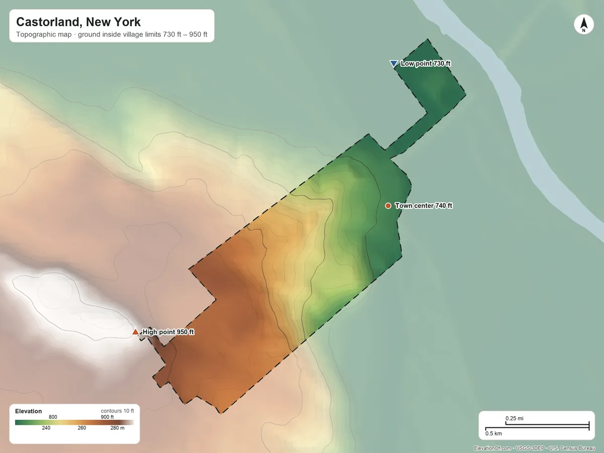 Topographic elevation map of Castorland, New York, shaded from 730 ft on the north side to 950 ft on the southwest side