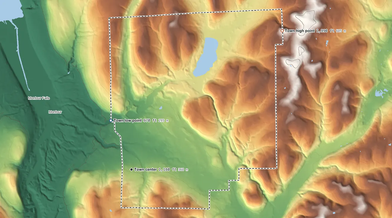 Topographic elevation map of Catharine, New York, shaded from 970 ft on the northwest side to 1,990 ft on the northeast side