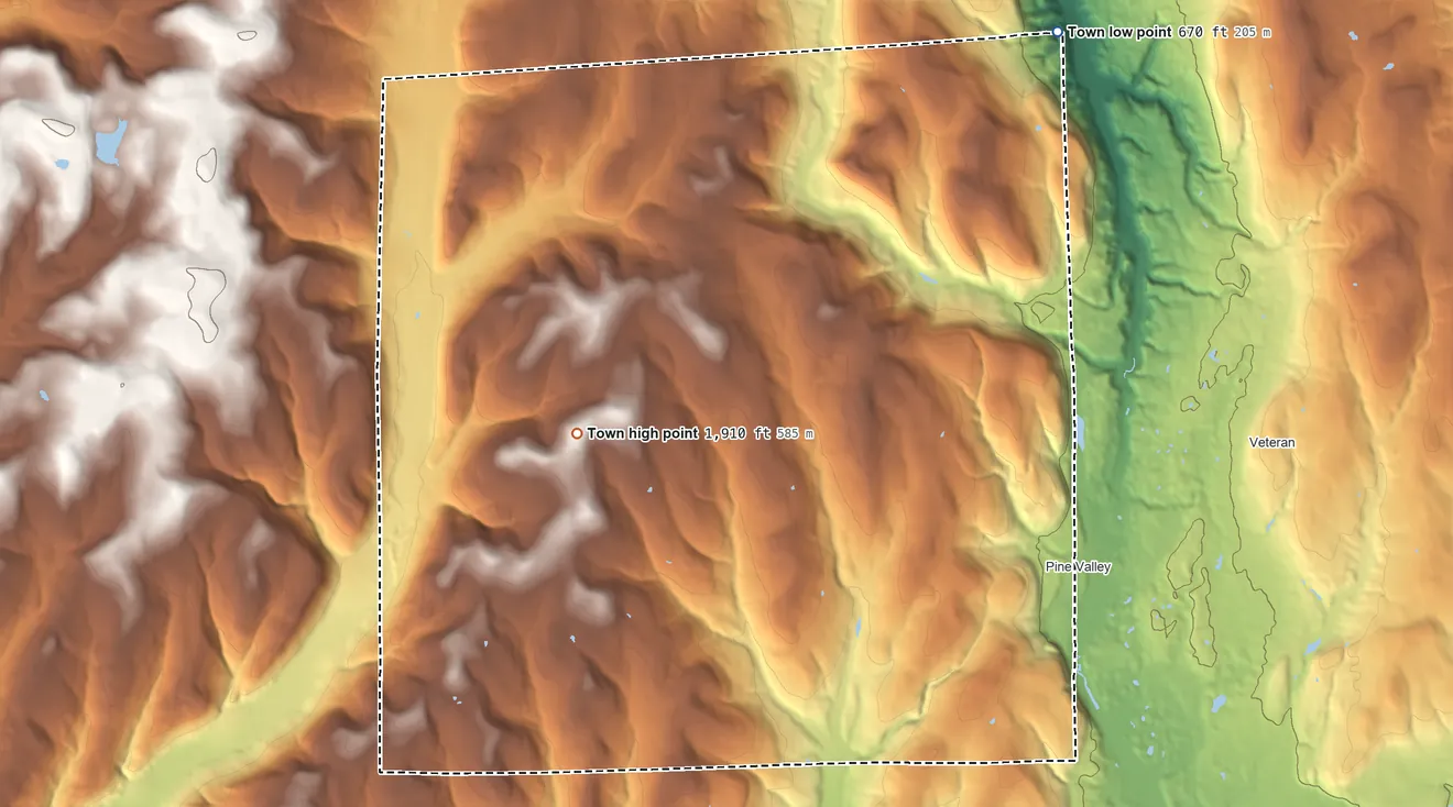 Topographic elevation map of Catlin, New York, shaded from 670 ft on the northeast side to 1,910 ft on the northwest side