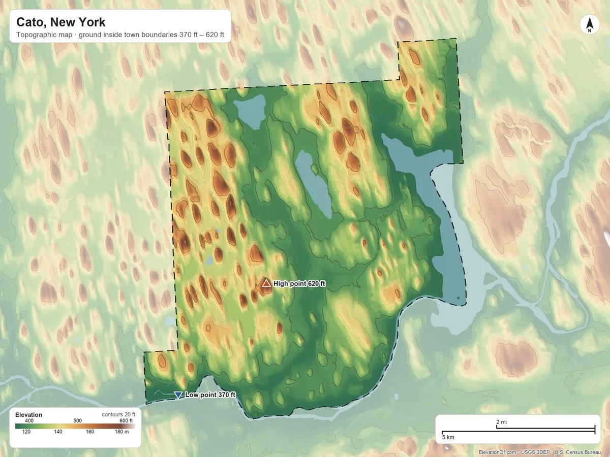 Topographic elevation map of Cato, New York, shaded from 370 ft on the southwest side to 620 ft on the southwest side