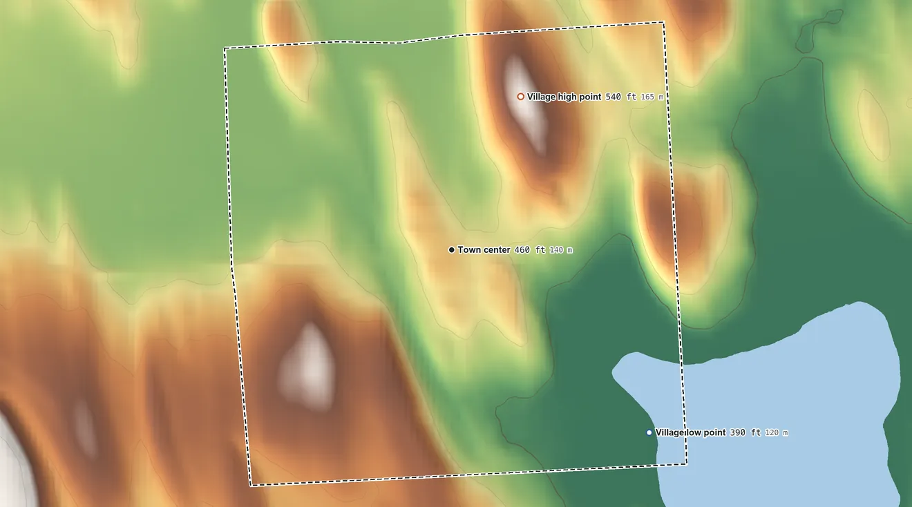 Topographic elevation map of Village of Cato, New York, shaded from 390 ft on the southeast side to 540 ft on the northeast side