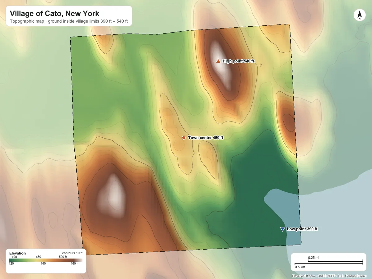 Topographic elevation map of Village of Cato, New York, shaded from 390 ft on the southeast side to 540 ft on the northeast side