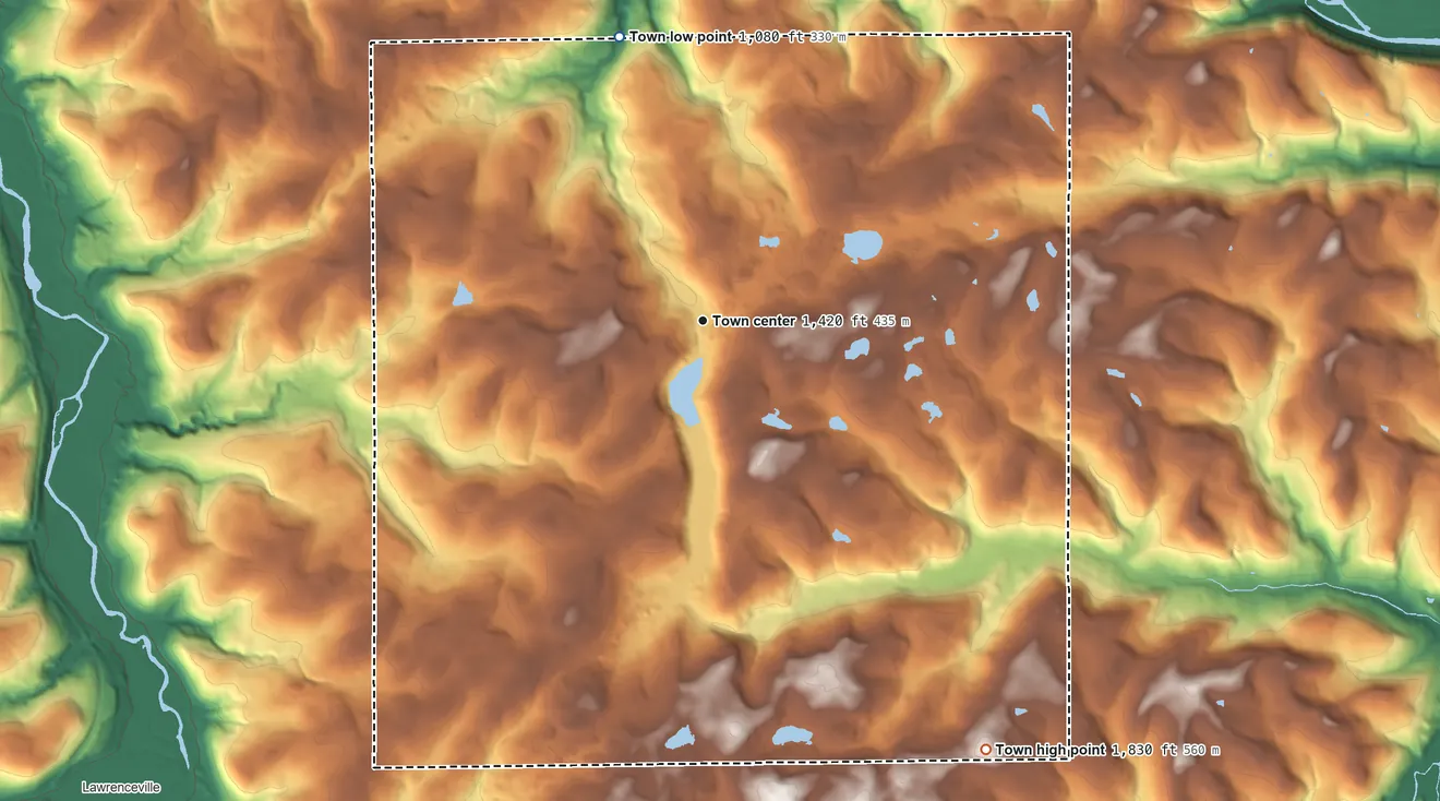 Topographic elevation map of Caton, New York, shaded from 1,080 ft on the north side to 1,830 ft on Kelly Hill